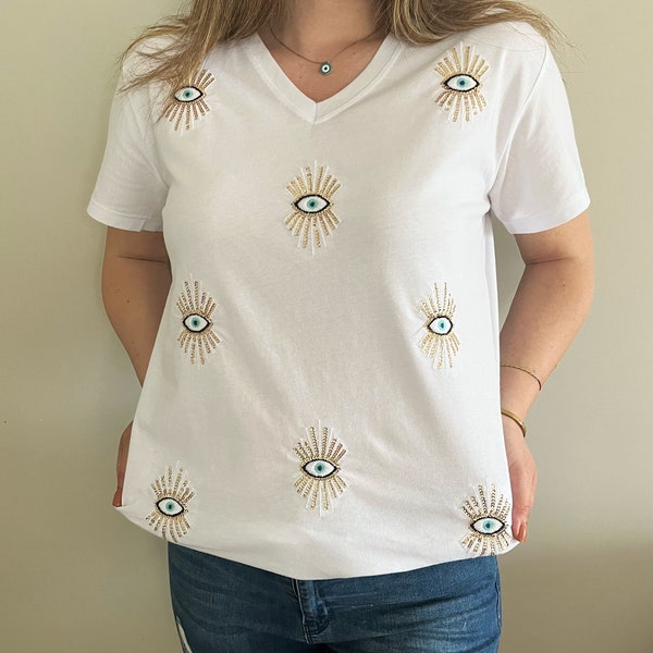 Evil Eye Tshirt I Evil Eye Clothing I Blouse for Women I Evil Eye Shirt Sequin I Loose Embroidered Linen Cotton Top I Edwardian Victorian