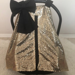 Capa para assento de carro preta com lantejoulas douradas - Capa para assento de carro para bebê menina iridescente e brilhante - Capa para carrinho de bebê leopardo brilhante com laço grande