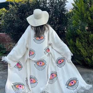 Evil Eye Robe Festival Clothing Women - Handmade Clothing Evil Eye Kimono - Beach Cover Up - Dressing Gown - Boho Bathrobe - Fringe Caftan