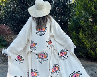 Boze oog gewaad festivalkleding dames - handgemaakte kleding boze oog kimono - strandkleed - kamerjas - boho badjas - kaftan met franje