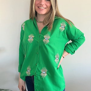 Camicia anti-malocchio I Abbigliamento anti-malocchio I Camicetta da donna I Camicia anti-malocchio con paillettes I Top ampio in lino e cotone ricamato I Stile edoardiano vittoriano
