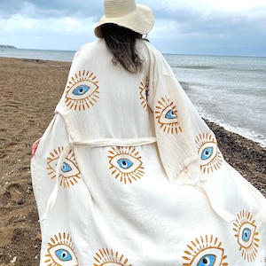 Evil Eye Robe Festival Clothing Women - Handmade Clothing Evil Eye Kimono - Beach Cover Up - Dressing Gown - Boho Bathrobe - Fringe Caftan