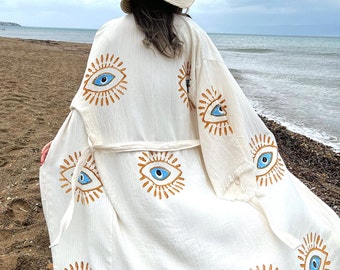 Evil Eye Robe Festival Clothing Women - Handmade Clothing Evil Eye Kimono - Beach Cover Up - Dressing Gown - Boho Bathrobe - Fringe Caftan