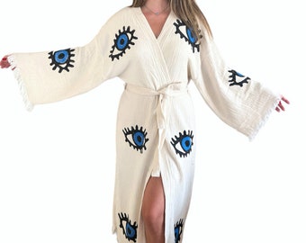 Boze oog gewaad festivalkleding dames - handgemaakte kleding boze oog kimono - strandkleed - kamerjas - boho badjas - kaftan met franje