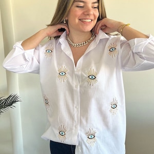 Chemise Evil Eye I Vêtements Evil Eye I Chemisier pour femme I Chemise à sequins Evil Eye I Haut ample en coton et lin brodé I Style victorien édouardien