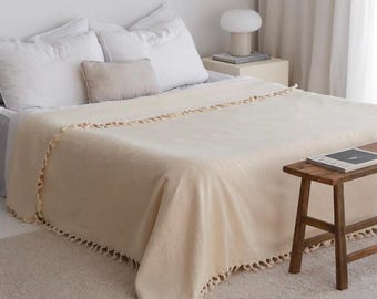 Cream Organic Bedspread King Queen Blanket  - Turkish Sofa Throw - Boho Tassel Farmhouse Decor Blanket - Soft Coverlet