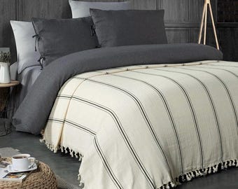 Organic Bedspread Striped King Queen Blanket - Turkish Sofa Throw - Boho Tassel Farmhouse Decor Blanket - Soft Coverlet