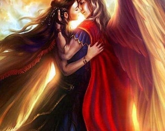 May include: A painting of an angel with golden wings embracing a woman. The angel is wearing a red robe and the woman is wearing a blue dress. The background is a cloudy sky with a golden glow.