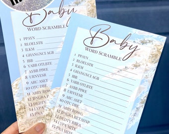 Baby Shower Game, Word Scramble, Pampas Grass Word Scrambled Card Game, Blue Keepsake