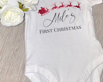 Personalised Baby 1st Christmas, Babies First Christmas Grow, Baby Vest Santa Reindeer Sleigh My First Baby Grow