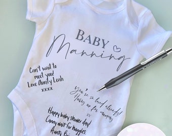 Personalised Announcement Baby Grow, Guest Book Sign, Baby Shower Party, Baby Vest Coming Soon, Surname Pregnancy,