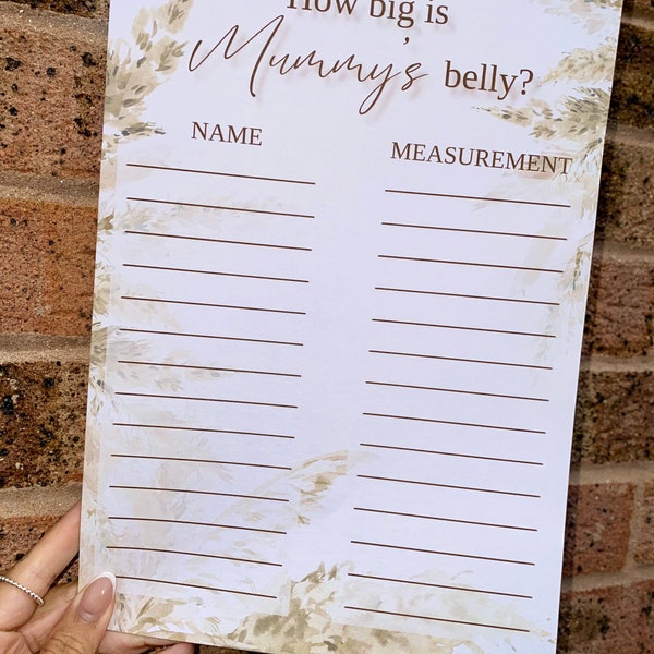 Guess Mummy’s Belly Baby Shower Pampas Boho Style Printed A4 Game WITH TAPE MEASURE