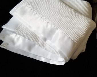 Satin Edge 100% Cotton Toddler Baby Blanket, 40" x 30" Earth Friendly Cotton, Satin Edge Christening Blanket, Handmade in Iowa