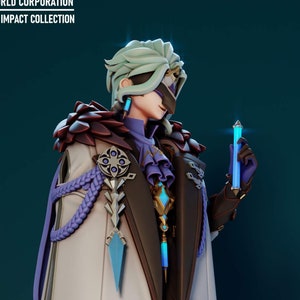 May include: A collectible figurine of a character with light green hair, wearing a long white coat with brown lapels, a purple ruffled collar, and a dark cape. The figure holds a glowing blue vial and features metallic accents, including a star-shaped emblem on the coat. Text at the top reads Gray World Corporation Genshin Impact Collection.