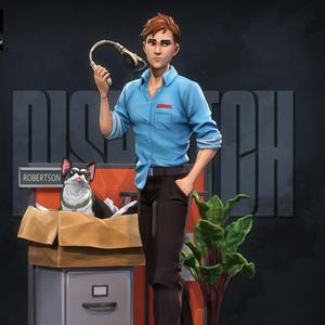 Puede incluir: Una figura de una persona con cabello castaño que viste una camisa azul claro y pantalones negros, sosteniendo unos auriculares. A su lado hay un archivador con un gato en una caja etiquetada como Robertson y una planta en maceta.