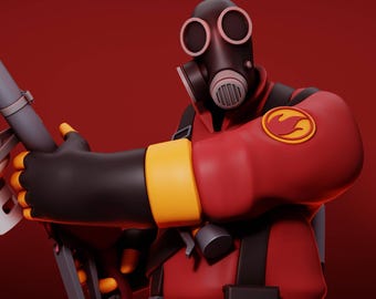 Może przedstawiać: Czerwono-czarna figura z kolekcji Team Fortress 2, nosząca maskę gazową i kombinezon ochronny. Figura ma żółte akcenty na rękawicach i naszywkę na ramieniu. Figura trzyma broń.
