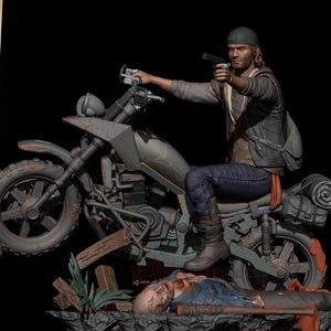 May include: A detailed figurine of a man on a motorcycle, holding a gun. The motorcycle is weathered with a green and grey colour scheme. A figure lies on the ground in front of the motorcycle. The text "Studio" and "Patreon" are visible.