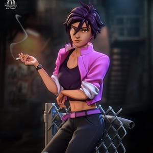 May include: A 3D-printed figurine of a person with short purple hair, wearing a purple jacket, black pants, and a watch. The person is leaning against a chain-link fence and holding a lit cigarette. The figurine is set against a blurred urban background.