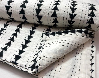 Indian Cotton Kantha Quilt /Triangle Printed Bedspreads/ Bed Cove, Hand Block Black & White Color Quilts, Handmade Kantha Throw