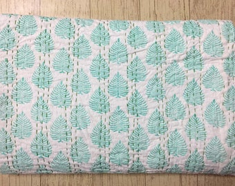 Hand Block Printed Green Leaf Kantha Quilt, Indian Cotton Bedspread