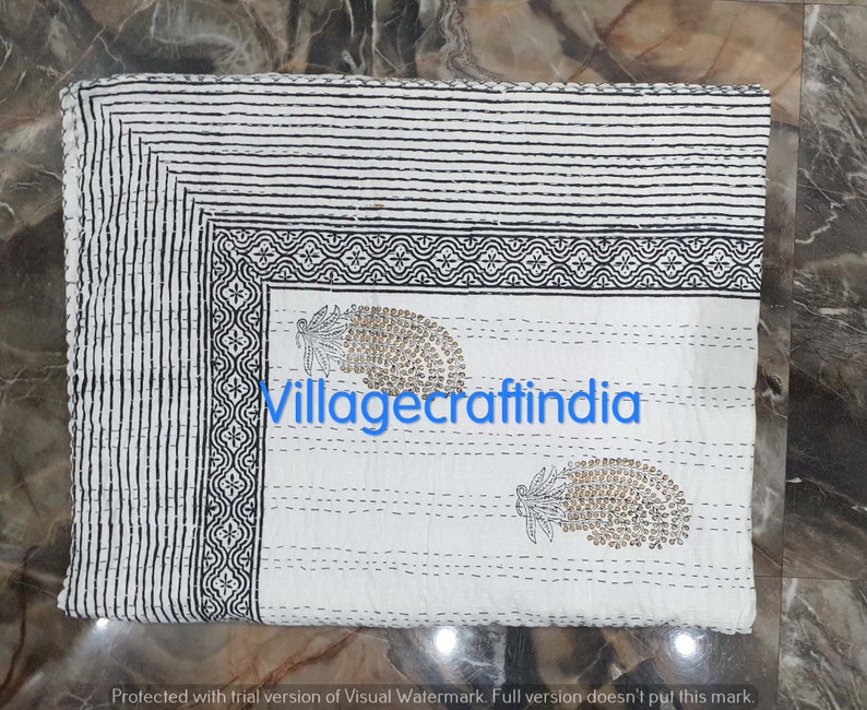 Indian Handmade Kantha Quilt/queen Size Cotton Bedspreads/handblock Print Floral Bed Cover