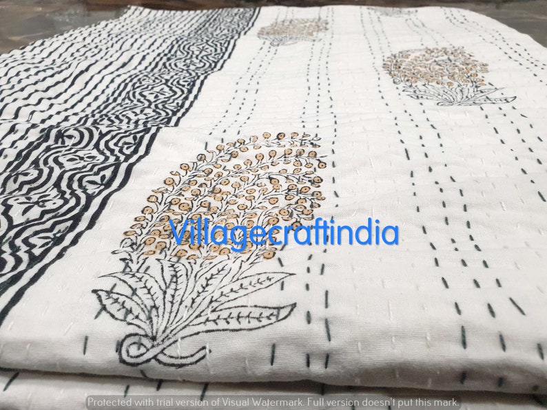Indian Handmade Kantha Quilt/queen Size Cotton Bedspreads/handblock Print Floral Bed Cover