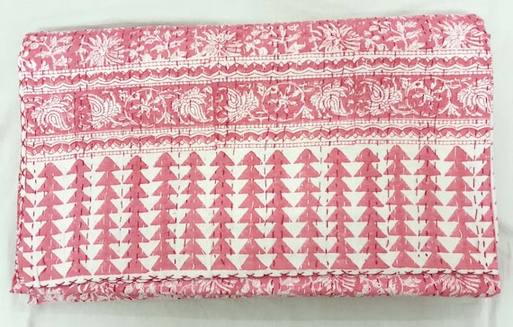 Handmade Cotton Kantha Quilt, Floral Block Print Bedspread, Boho Decor