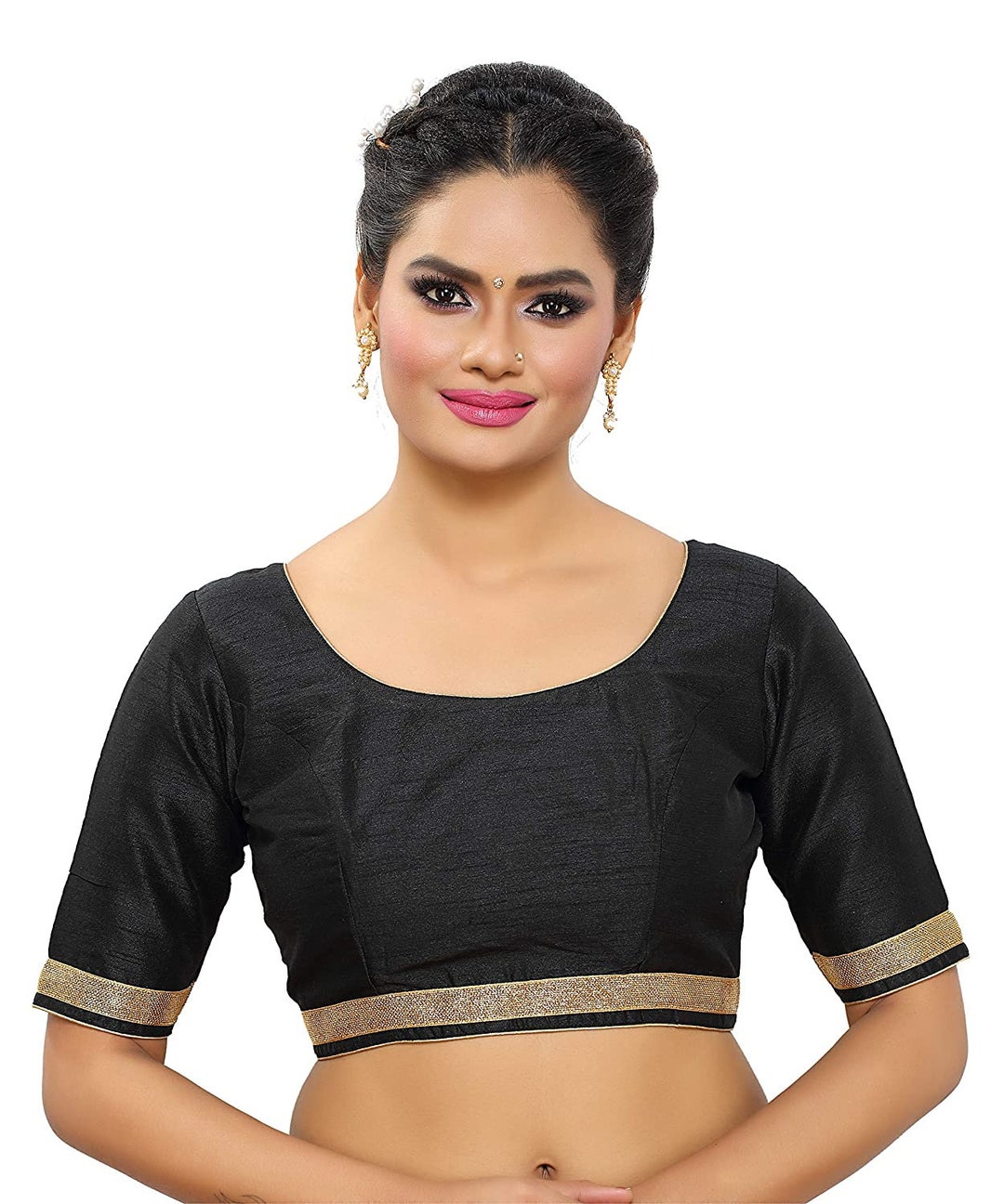 Women's Readymade Banglori Silk Black Blouse For Sarees Indian Designer Bollywood Padded Stitched Choli Crop Top, Black 1, Medium-612178