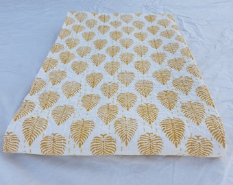 Handmade Yellow Leaf Print Kantha Quilt, Queen Size Cotton Bedspread