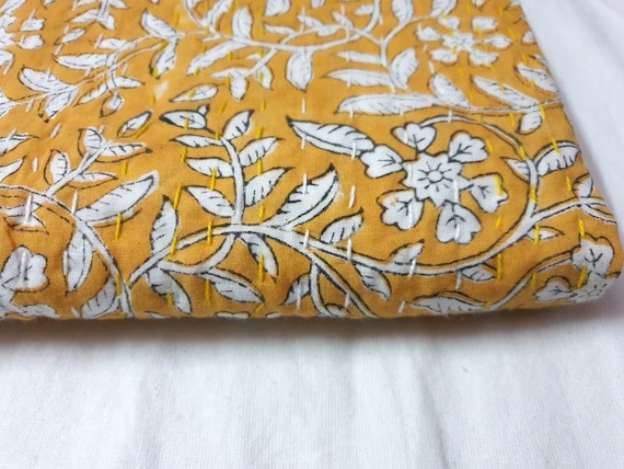 Indian Handmade Cotton Kantha Quilt Beautiful Block Print Kantha Quilt Floral Block Print Yellow Kantha Hand Stitched Kantha Blankets Etsy