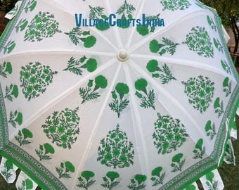 Hand Block Printed Cotton Umbrella, Large Indian Parasol, Green Patio Decor