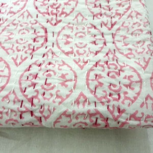 100% Cotton Kantha Pink Color Floral Hand Block Printed Kantha Quilt/ Indian Bedspread/ Handmade Quilted Kantha Bordered Coverlet/ Bed Sheet