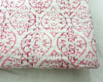 100% Cotton Kantha Pink Color Floral Hand Block Printed Kantha Quilt/ Indian Bedspread/ Handmade Quilted Kantha Bordered Coverlet/ Bed Sheet