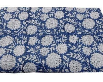 Indian Handmade Kantha Quilt Floral Print Kantha Bedspread Kantha Hand Block Printed Bed Cover Queen Size Quilt Blue Indigo Floral Quilt