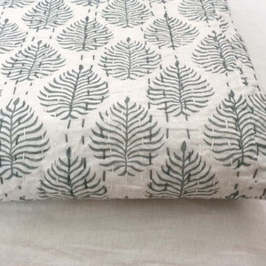 Handmade Indian Cotton Kantha Quilt ,Pure Cotton Bedspread, Handblock Print Kantha Quilt, Grey Leaf Printed Homemade Kantha Blankets