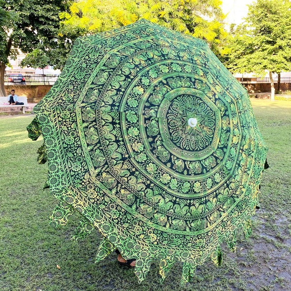 Handcrafted Cotton Green Umbrella, Indian Handmade Big Garden Umbrella, Sun Shade Beach Umbrella, Decorative Patio Umbrella Parasols