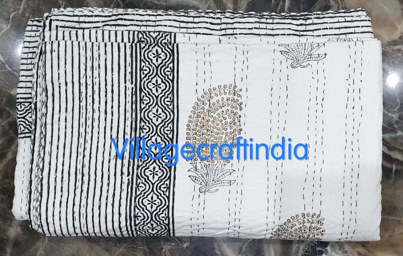 Indian Handmade Kantha Quilt/queen Size Cotton Bedspreads/handblock Print Floral Bed Cover