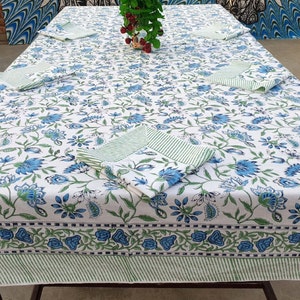 Blue Floral Tablecloth With Flower Design Hand Block Printed Home Stead Cotton Table Cloths With Napkin Sets Table Cover Set