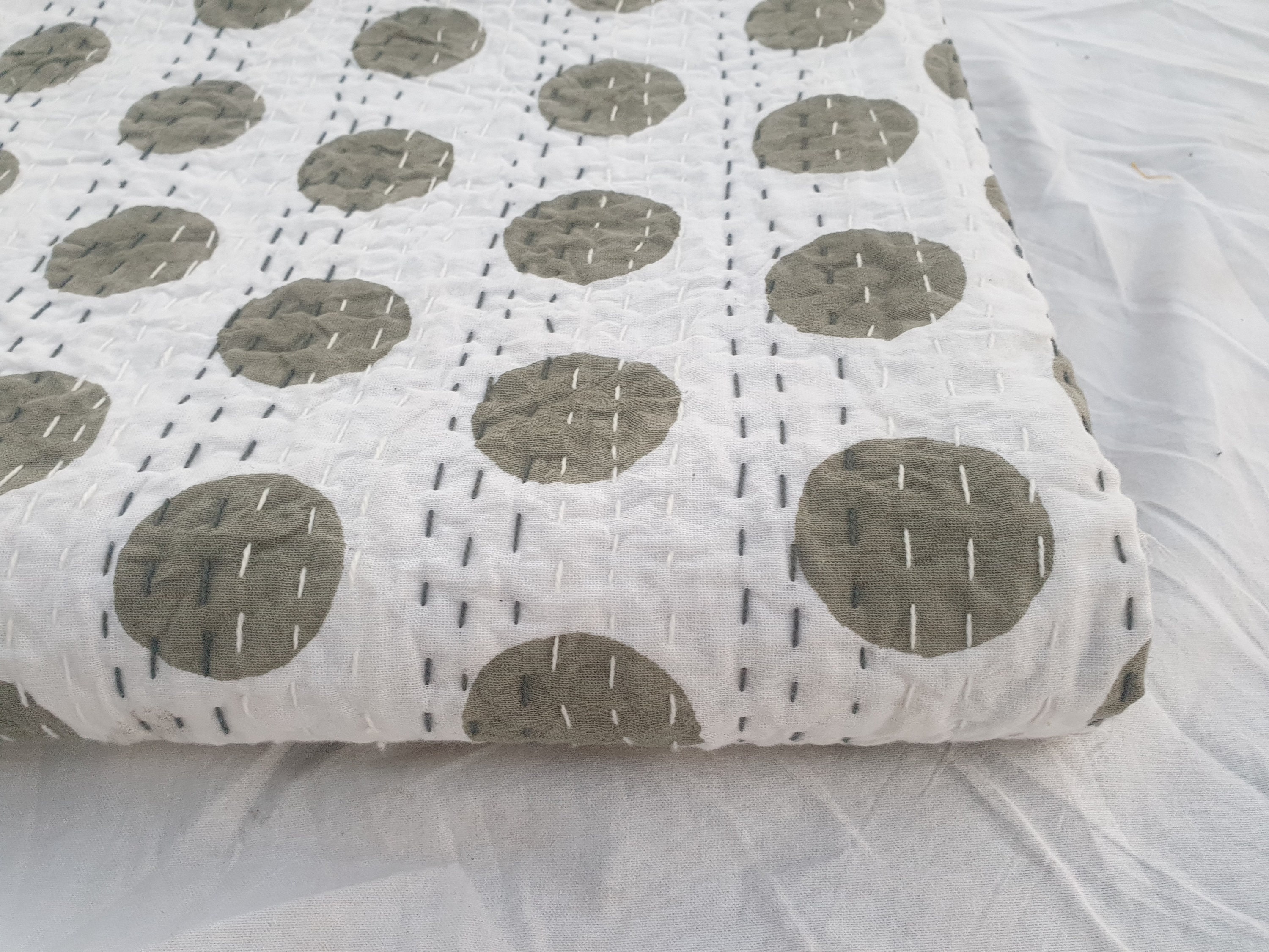Cotton Kantha Quilt' Hand Block Floral Print  indian Bedspread Handmade Bedding Kantha Bedcover Throw Coverlet Grey Color Kantha Quilts