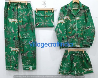 Animal Print Cotton Pajama Set Women Night Dress Green Color Set of-4 pc Organic pyjamas, Womens organic cotton pj's, pyjama Shirt Short set