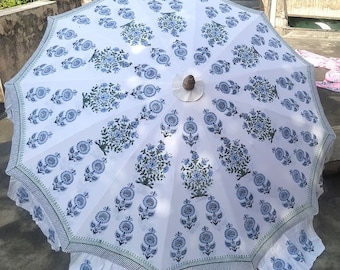 Indian Block Printed Cotton Umbrella Handcrafted Flower Printed Large Umbrella Parasol Garden Umbrella For Sunny Days Outdoor Patio Umbrella