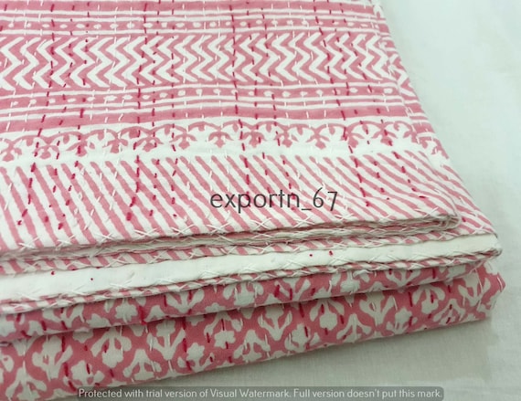 Indian Hand Block Cotton Kantha Quilt, Pink Color Quilt