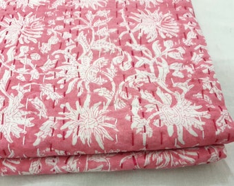 Handmade Cotton Kantha Quilt, Floral Block Print Bedspread, Boho Decor