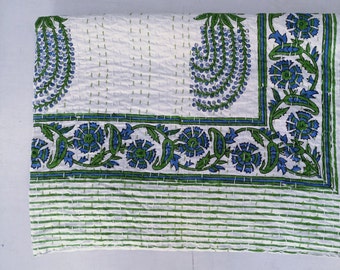 Floral Printed Kantha Bedspread, Indian Handmade Green Cotton Blanket, Hand Stitched Comforter Kantha Throw, Handblock Cotton Kantha Quilt