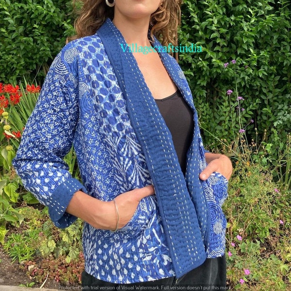 Indigo patchwork kantha kimono , Women wear , jacket, gift for her, quilted kimono, Soft and comfortable jacket , front open Luxury Coat