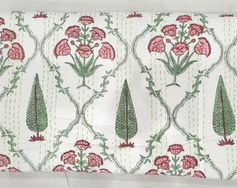 Pink and Green Floral Printed Cotton Kantha Quilt, Handblock Print Cotton Bedspread New Handmade Kantha Bed Cover, Indian Cotton Quilt