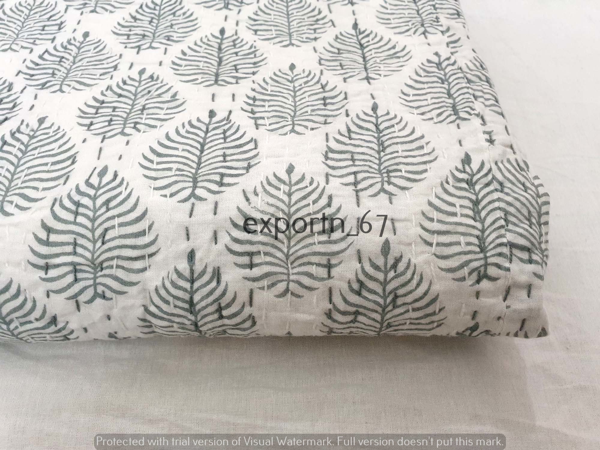 Indian Handmade Cotton Kantha Quilt, Block Print kantha Throw Hand Stitched Grey Leaf Cotton Blanket Comforter Bed Cover, Queen Kantha Quilt