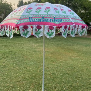 Hand Block Printed Umbrella, Indian Handmade Large Big Parasol Outdoor Patio Decoration bohemian Beach Umbrella  Pink Color Garden Umbrella