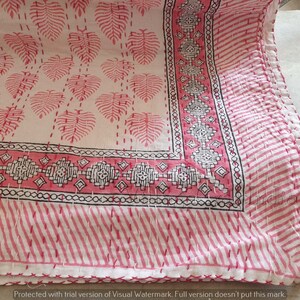 Handmade Kantha Quilts/Hand Block Kantha Quilts/Queen Kantha Quilt/ Bedspreads/Bed Cover/Coverlet/Comforter/Pink Leaf Quilts/Indian Cotton Quilts/Bordered Quilt