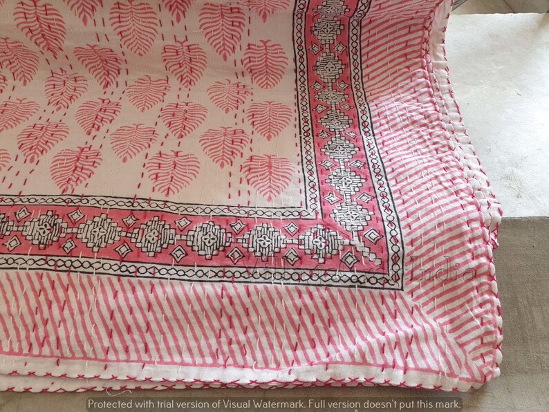 Handmade Kantha Quilts/Hand Block Kantha Quilts/Queen Kantha Quilt/ Bedspreads/Bed Cover/Coverlet/Comforter/Pink Leaf Quilts/Indian Cotton Quilts/Bordered Quilt